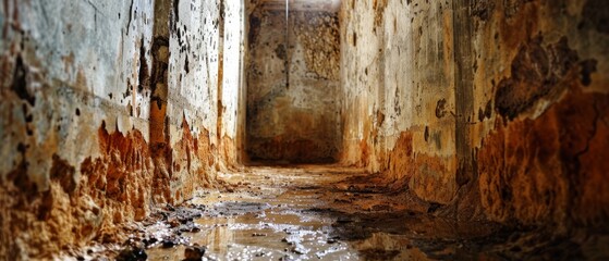  a long narrow hallway with peeling paint on the walls and a light at the end of the tunnel on the right.