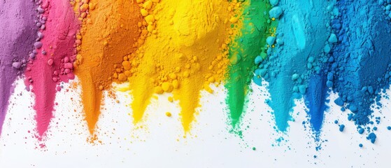  a group of different colored powders sitting on top of a white surface with a rainbow of colors in the middle of the image.