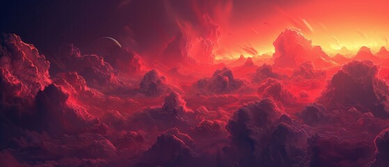  an orange and red sky filled with clouds and a star in the middle of the sky with a planet in the distance.