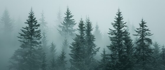  a forest filled with lots of tall trees covered in fog and smogged in smogged in snow.