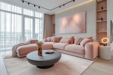 modern penthouse with designer sofa and stuff in an ultra modern elegant interior of a cozy studio in soft pastel colors. - obrazy, fototapety, plakaty