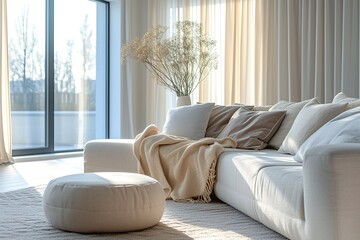 modern penthouse with designer sofa and stuff in an ultra modern elegant interior of a cozy studio in soft pastel colors. - obrazy, fototapety, plakaty