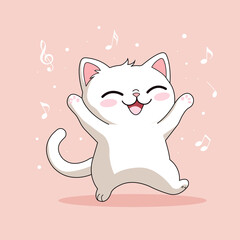 Vector illustration of a cute dancing cat in kawaii style.