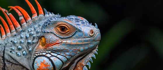  a close up of an iguana's head with orange and blue spikes on it's head.