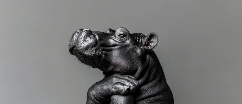  a black and white photo of a baby hippopotamus looking up into the air with its mouth open.