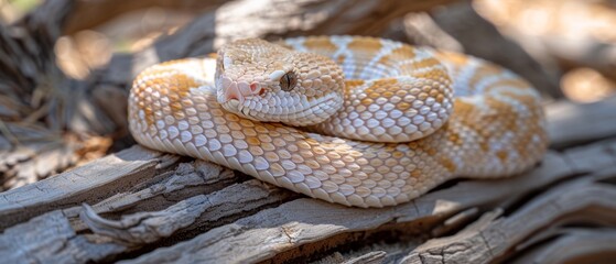  a yellow and white snake is curled up on a piece of wood with it's head resting on it's back.