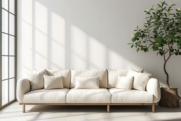 Modern Minimal clean clear contemporary living room home interior design daylight background,beige white sofa couch in living room daylight from window freshness moment mock up interior - obrazy, fototapety, plakaty