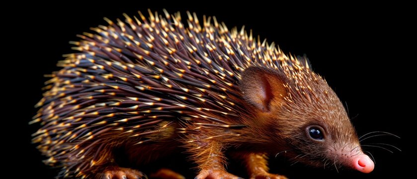  a close up of a porcupine on a black background with a blurry image of the porcupine.