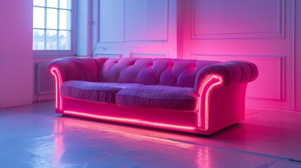 A pink couch with neon lights on it. The couch is in a room with white walls and a window