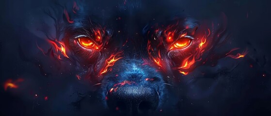  a close up of a dog's face on a dark background with red and blue flames coming out of its eyes.
