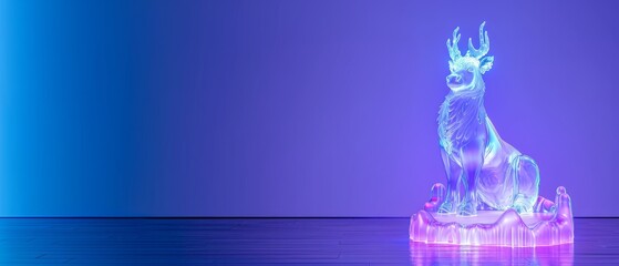  a glass sculpture of a giraffe with a crown on it's head sitting on a table in front of a blue and purple background.