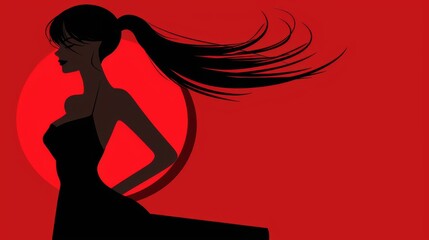  a woman in a black dress standing in front of a red background with her hair blowing in the wind in front of a red circle.