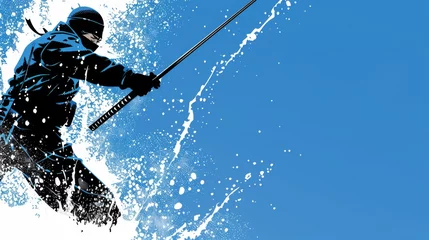 Poster  a man riding skis down the side of a snow covered slope with ski poles attached to his skis. © Jevjenijs