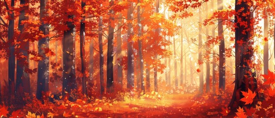  a painting of a path through a forest with red leaves on the trees and the sun shining through the trees.