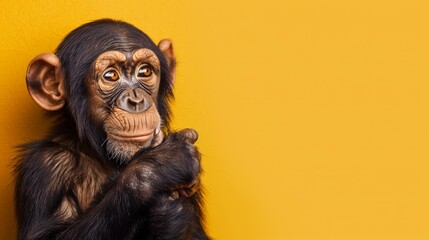  a close up of a monkey with a hand on it's face and a yellow wall in the background.
