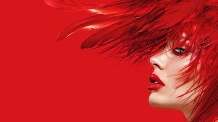  a close up of a woman with red hair with feathers on top of her head and red lipstick on her lips.