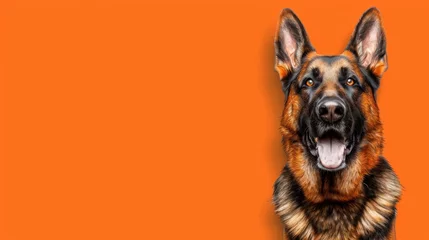 Fotobehang  a close up of a dog's face with its mouth open and it's tongue out on an orange background. © Jevjenijs
