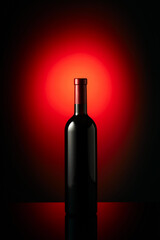 Bottle of red wine on a red background.