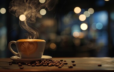 A warm, inviting cup of coffee emits steam on a rustic wooden table amidst scattered coffee beans, with a bokeh light backdrop - obrazy, fototapety, plakaty