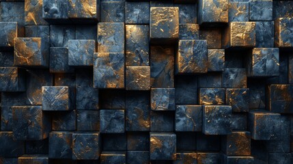  a close up of a wall made up of squares and rectangles of gold and blue marble with a black background.