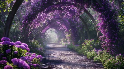 Photography Backdrop of a whimsical garden archway covered in deep purple flowers. Purple Floral...