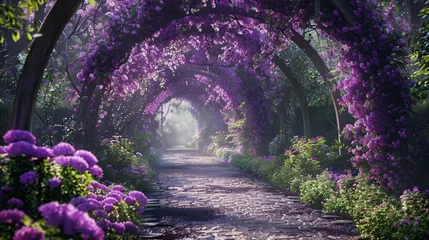 Rolgordijnen Photography Backdrop of a whimsical garden archway covered in deep purple flowers. Purple Floral Watercolor Clipart, Fine Art Textures Overlay, Digital Maternity © Ammar
