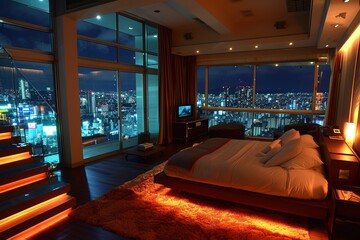 penthouse bedroom at night, dark gloomy, A room with a view of the city from the bed - obrazy, fototapety, plakaty