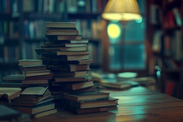 Pile of books on the blurred background of the library or bookshop