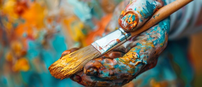  a close up of a person holding a paintbrush in their hands with paint all over their body and paint all over their body.