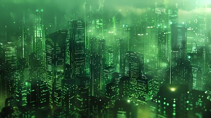 Fototapeta na wymiar cyber city technology with many buildings light green on background