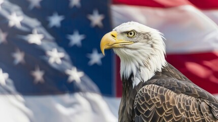 Majestic bald eagle in front of American flag