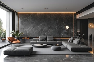 Moody luxurious penthouse loft living room interior with minimal modern designer styled furnitureMade with