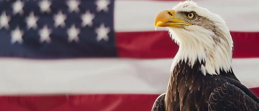 Majestic bald eagle in front of American flag