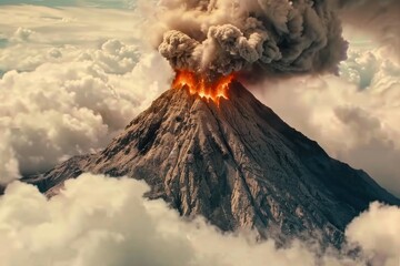 A volcano with a large cloud of smoke and ash rising from it. The volcano is surrounded by a hazy sky
