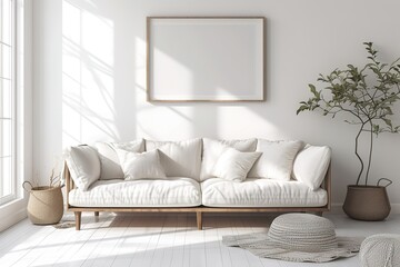 Scandinavian-themed illustration of a white living room featuring a sofa.