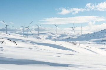 Obraz premium A snowy landscape with a large number of wind turbines. Concept of vastness and power, as the wind turbines stand tall against the backdrop of the snow-covered mountains