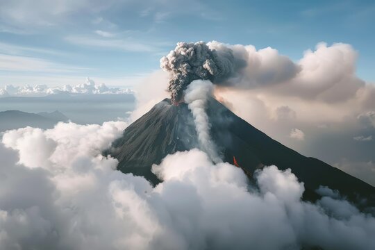 A volcano is spewing smoke and ash into the sky. The clouds are white and fluffy, and the sky is blue. The scene is dramatic and powerful, with the volcano towering over the landscape