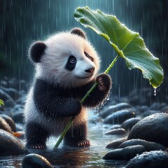 A panda stands in the rain with an umbrella made of a huge leaf over her head