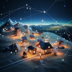model houses and wires connected with a building premium photo, in the style of canon ts-e 17mm f4l tilt-shift, luminous pointillism, futuristic organic, low poly, depiction of rural life, the stars a