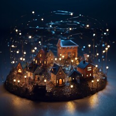 model houses and wires connected with a building premium photo, in the style of canon ts-e 17mm f4l tilt-shift, luminous pointillism, futuristic organic, low poly, depiction of rural life, the stars a