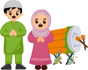 illustration cute cartoon boy and girl muslim celebrating happy eid al fitr mubarak with percussion
