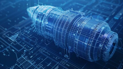 Advanced turbine engine blueprint in holographic design illustration - obrazy, fototapety, plakaty