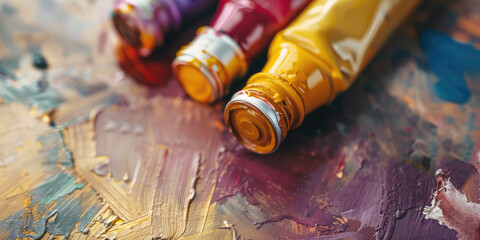 Spectrum of Oil Paint Tubes. A vibrant row of oil paint tubes, showcasing a rainbow colors....