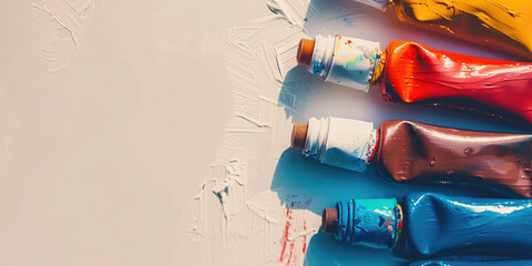 Spectrum of Oil Paint Tubes. A vibrant row of oil paint tubes, showcasing a rainbow colors. White...