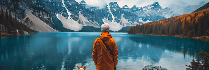 A elderly male traveler and a dog on the shore of a mountain lake and snowy mountains. Traveling with animals. The concept of traveling to temperate countries. Local tourism. Horizontal banner with sp - obrazy, fototapety, plakaty