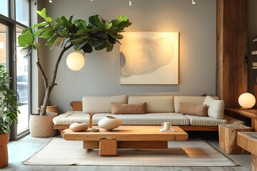 This minimalistic living room, featuring a cozy wooden couch, a modern table, an indoor plant, and other elegant furniture, creates a warm and inviting atmosphere that is perfect for both entertainin