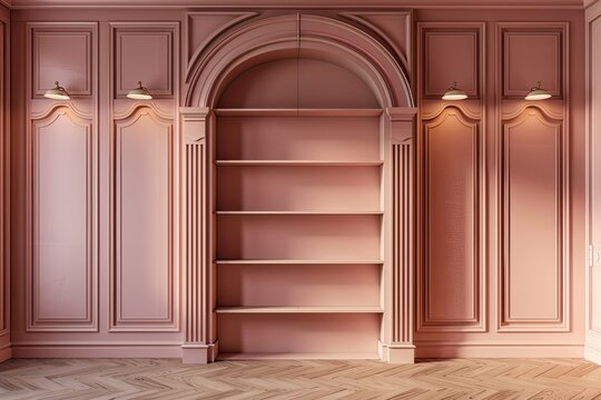 modern carmine empty bookshelf on light brown wooden wall with light 