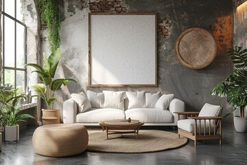 Vertical poster frame mock up in scandinavian style living room interior, modern living room interior background