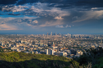 City of Los Angeles cityscape panorama after storm. Downtown LA skyline shot at sunset from...