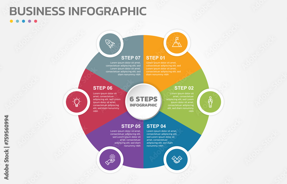 Aufkleber Visual data presentation. Cycle diagram with 6 options. Pie Chart Circle infographic template with 6 steps, options, parts, segments. Business concept. Marketing infographic vector illustration.